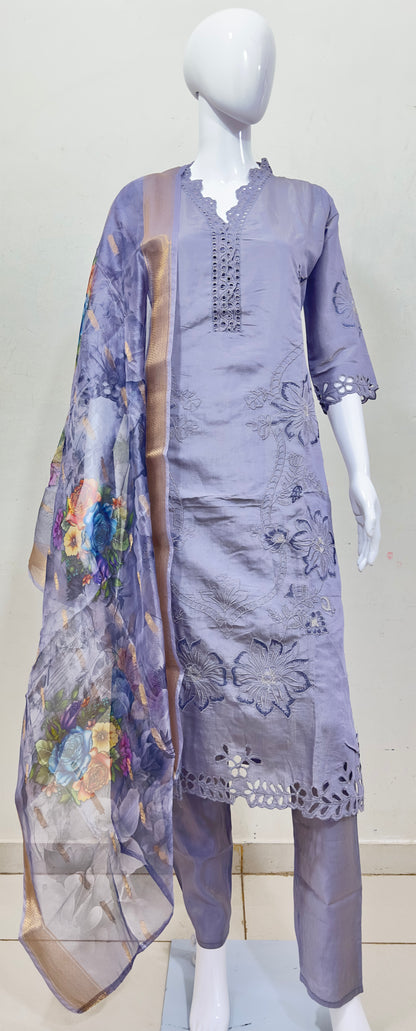 Pheran Women’s Lavender Cutwork Embroidered Kurta Set with Printed Dupatta (A2-2510-LV)