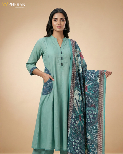 Pheran Women's Sage Green A-Line Suit with Printed Dupatta AM80