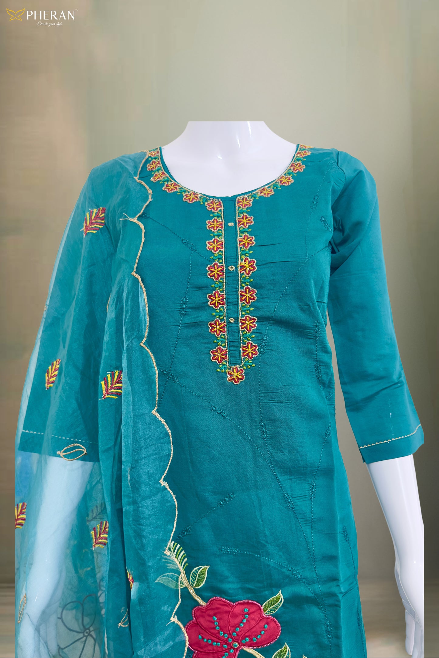 Pheran Teal Floral Embroidered Kurta Set with Organza Dupatta (A2-8TE-95S)