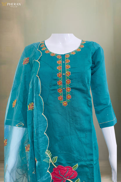 Pheran Teal Floral Embroidered Kurta Set with Organza Dupatta (A2-8TE-95S)
