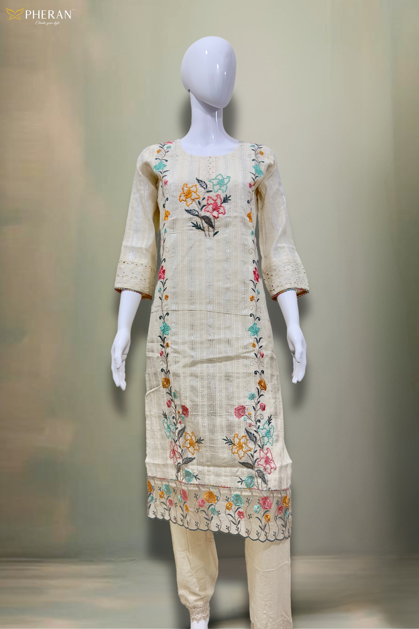 Pheran Women’s Ivory Floral Embroidered Kurta Set with Dupatta