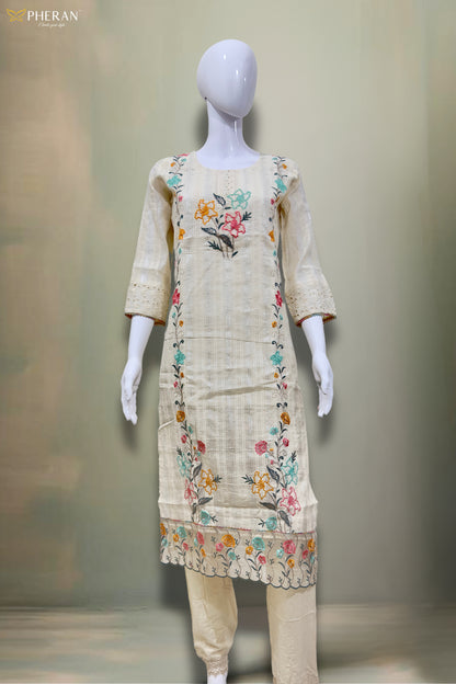 Pheran Women’s Ivory Floral Embroidered Kurta Set with Dupatta