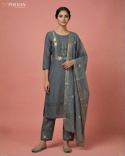 Pheran Charcoal Grey Floral Embroidered Kurta Set with Dupatta (SV-KL71-GR)