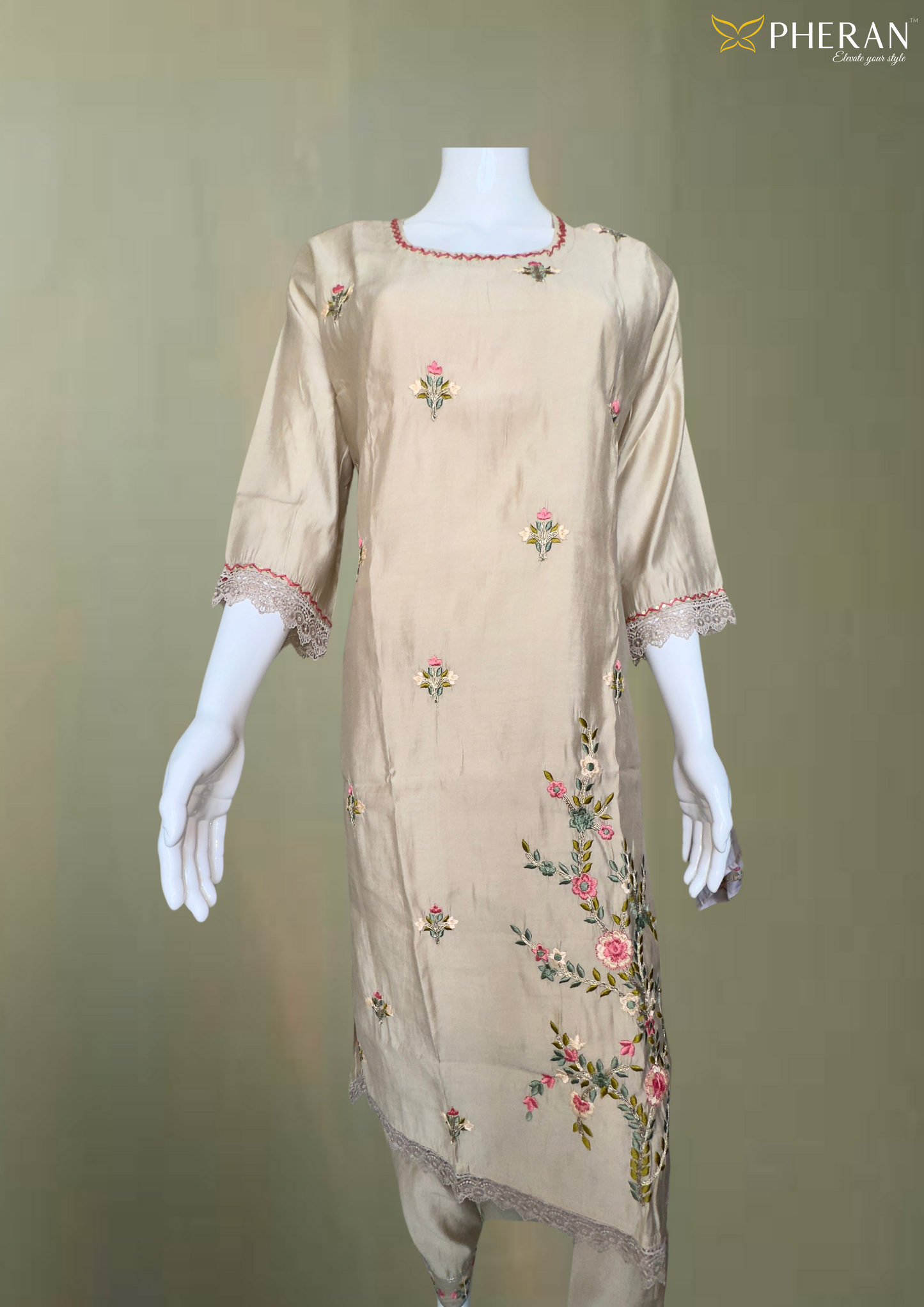 Pheran Beige Floral Embroidered Kurta Set with Light Pink Dupatta (A2-BEP-SU)