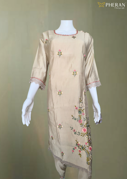 Pheran Beige Floral Embroidered Kurta Set with Light Pink Dupatta (A2-BEP-SU)