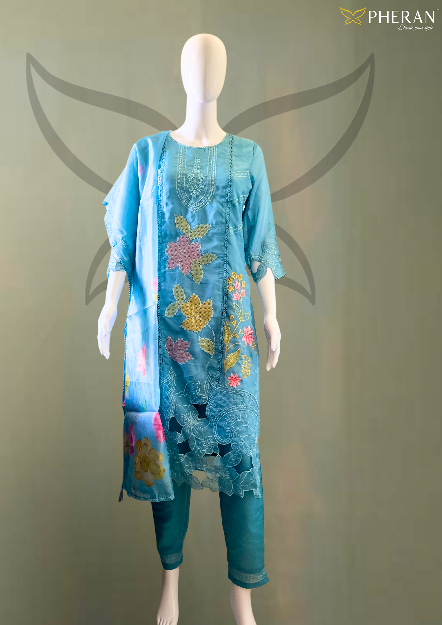 Embroidered Sky Blue Floral Suit (BO-1848-SB)