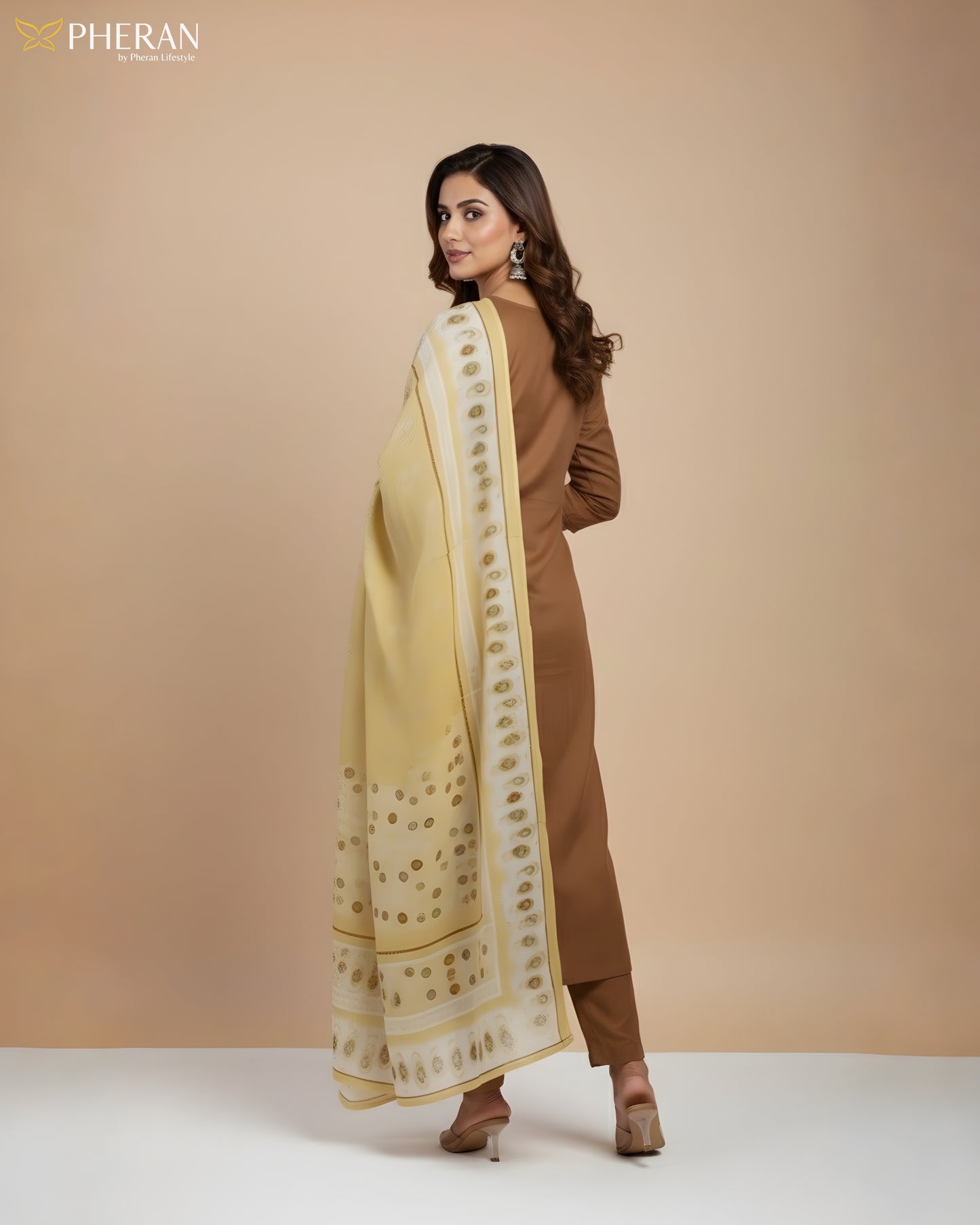 Pheran Women's Brown and Sunshine Print Modal Suit Set  AM85