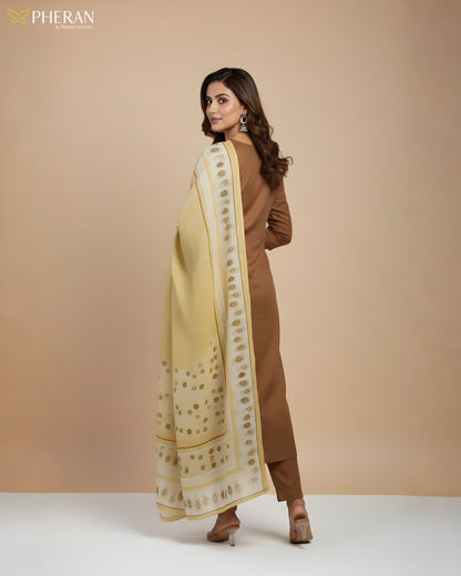 Pheran Women's Brown and Sunshine Print Modal Suit Set  AM85