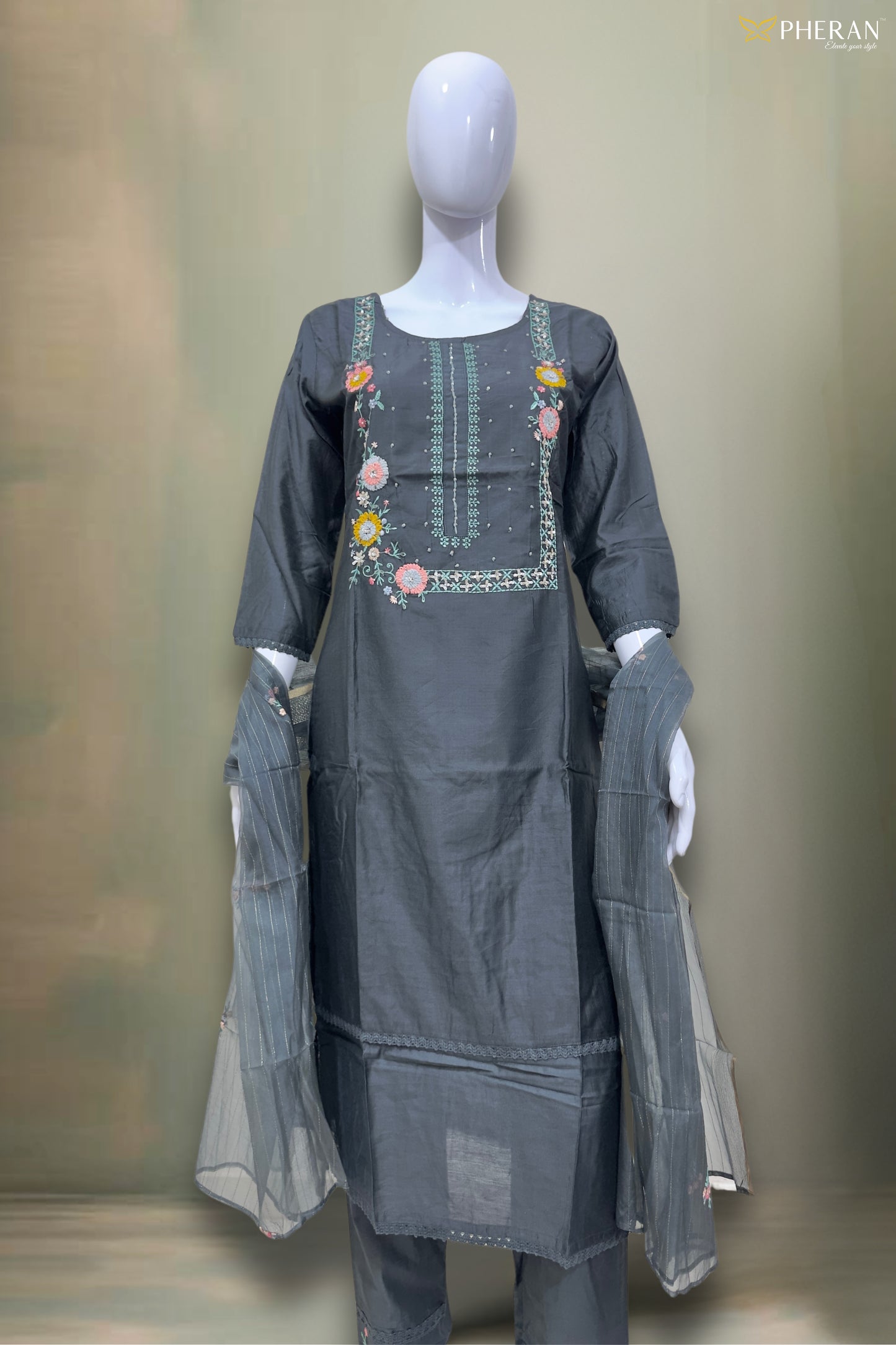Pheran Charcoal Grey Floral Embroidered Kurta Set with Dupatta (SV-KL71-GR)