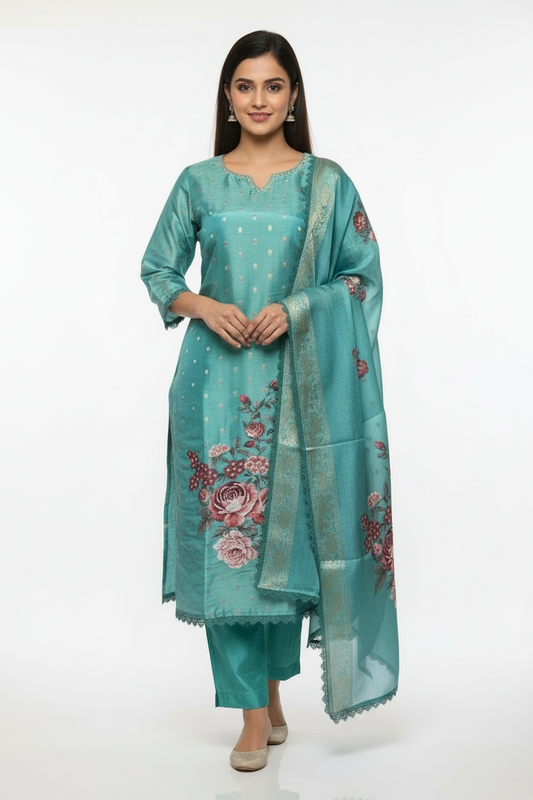 Pheran Teal Floral Printed Silk Kurta Set with Dupatta (BO-AU-05-RA)