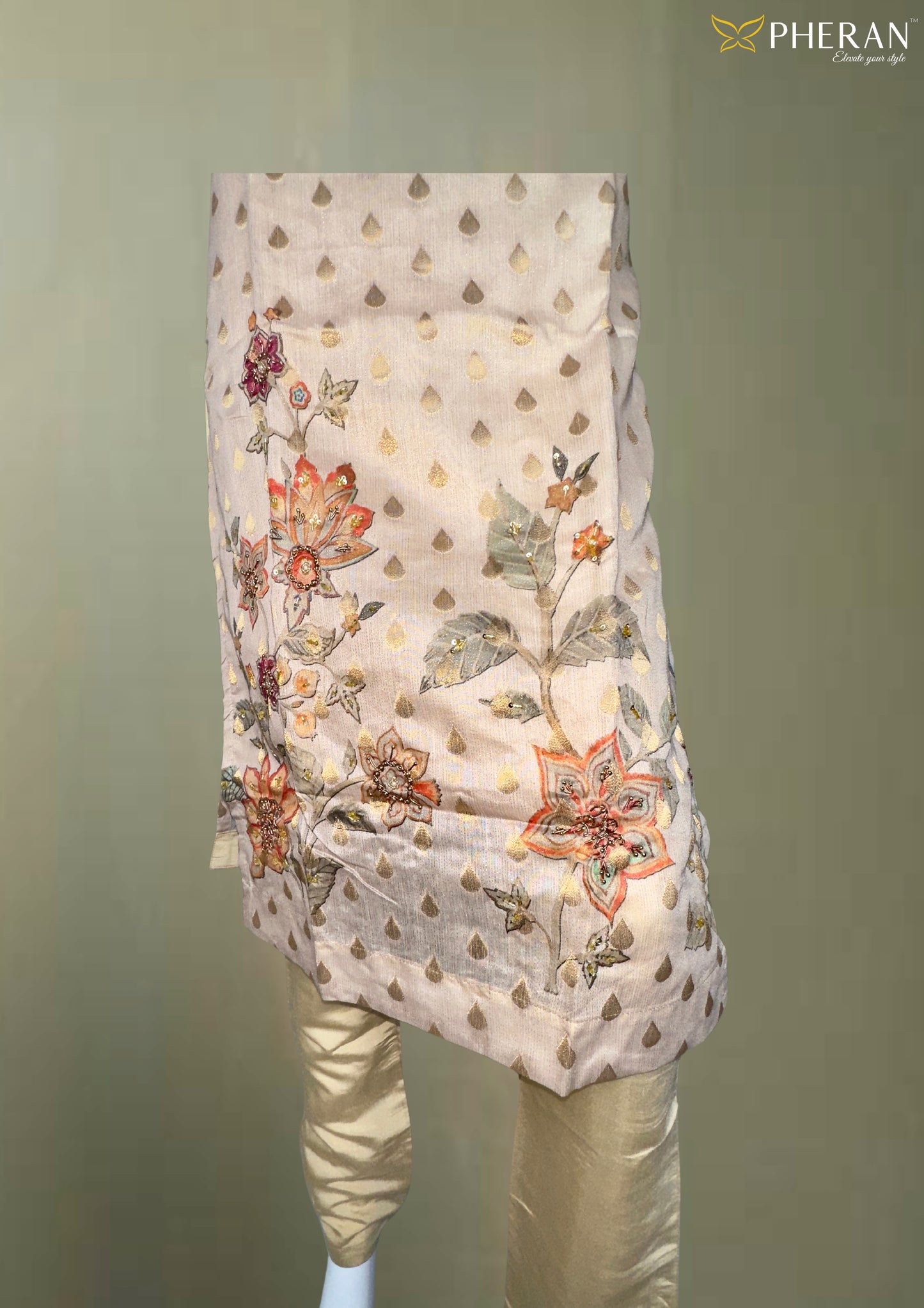 Pheran Beige Floral Embroidered Kurta Set with Printed Dupatta  (A2-BE-SU)