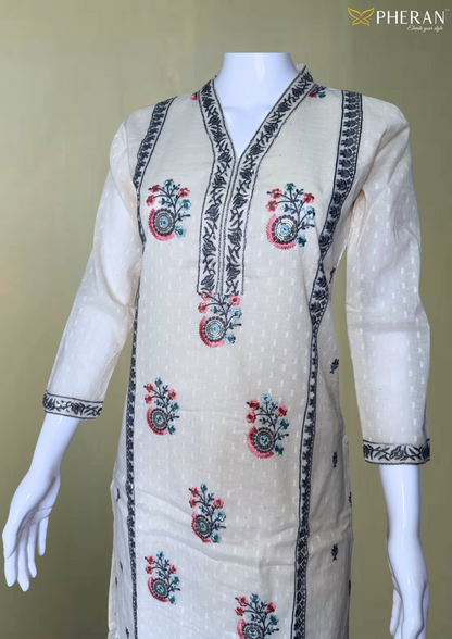 Pheran Ivory Cotton Floral Embroidered Kurta Set with Dupatta (BO-KR-CR)