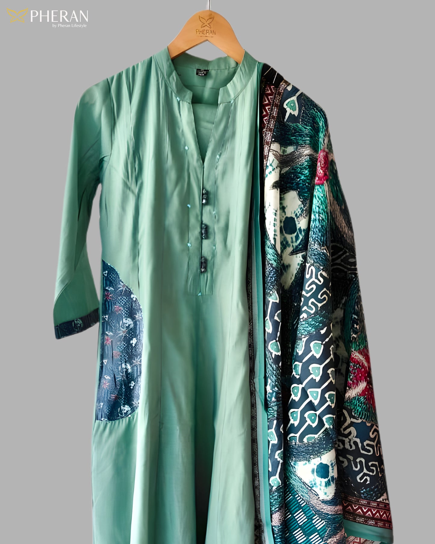 Pheran Women's Sage Green A-Line Suit with Printed Dupatta AM80