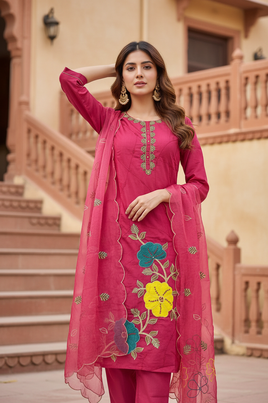 Pheran Pink Floral Embroidered Kurta Set with Organza Dupatta (A2-8PK-95S)
