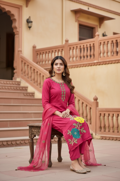 Pheran Pink Floral Embroidered Kurta Set with Organza Dupatta (A2-8PK-95S)