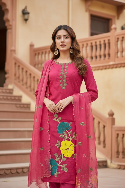 Pheran Pink Floral Embroidered Kurta Set with Organza Dupatta (A2-8PK-95S)