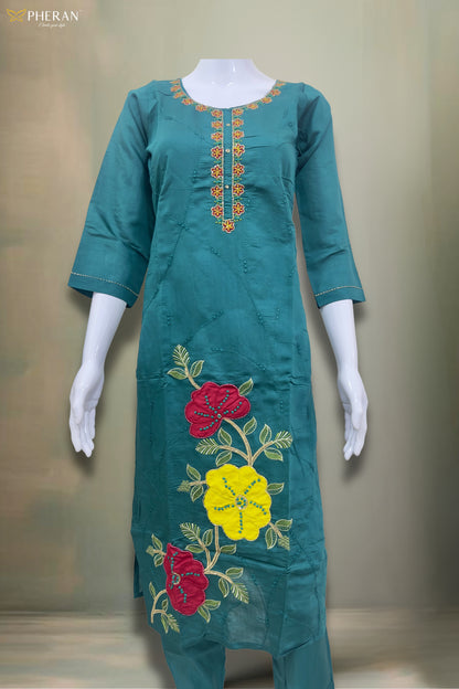 Pheran Teal Floral Embroidered Kurta Set with Organza Dupatta (A2-8TE-95S)
