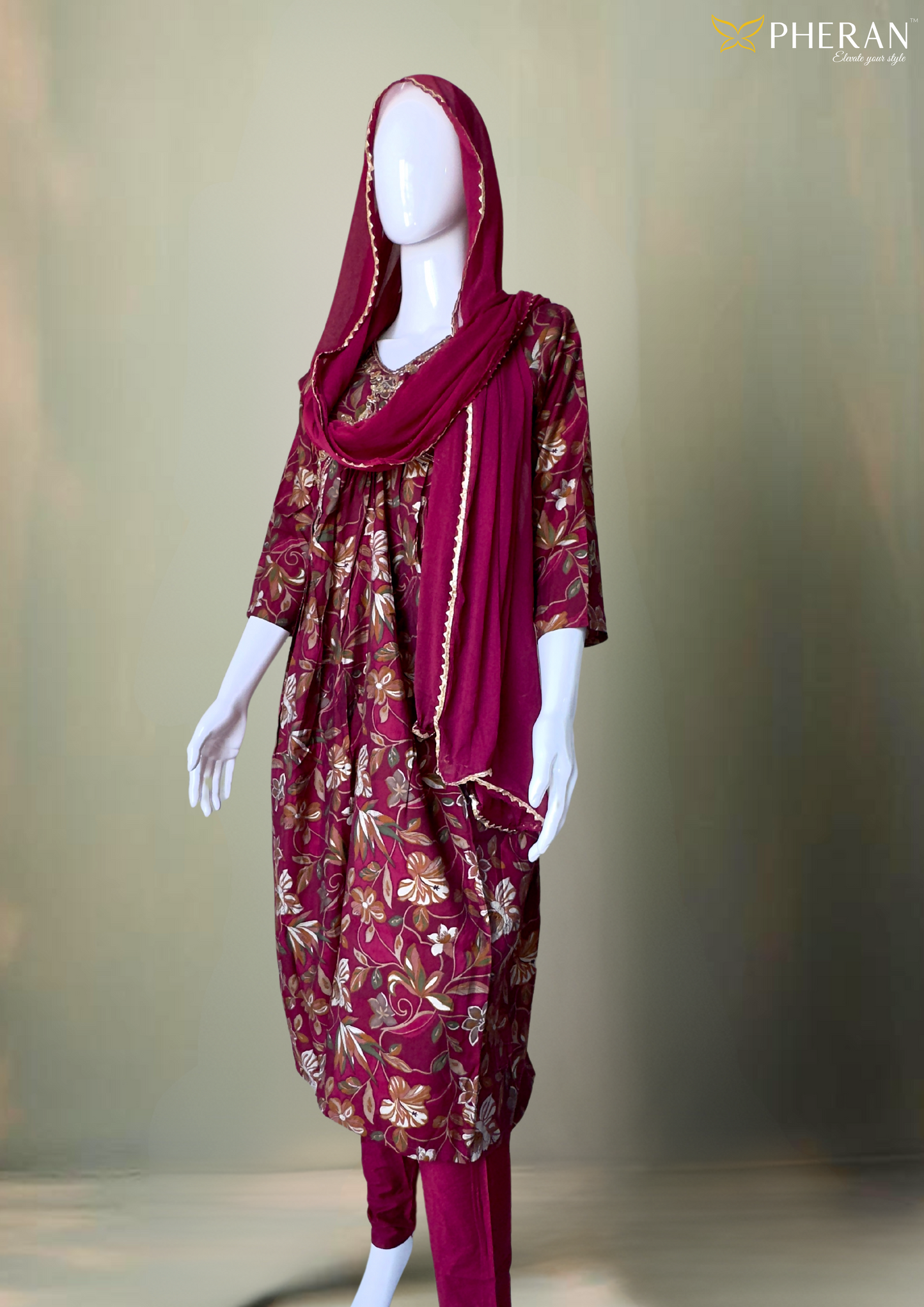 Pheran Deep Maroon Floral Embroidered Kurta Set with Dupatta
(M4-NOR8-MR-SU)
