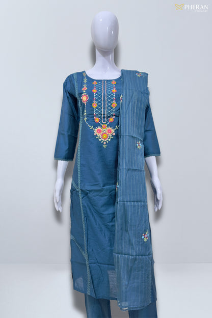 Pheran Deep Blue Embroidered Kurta Set with Dupatta (SV-KL76-BU)