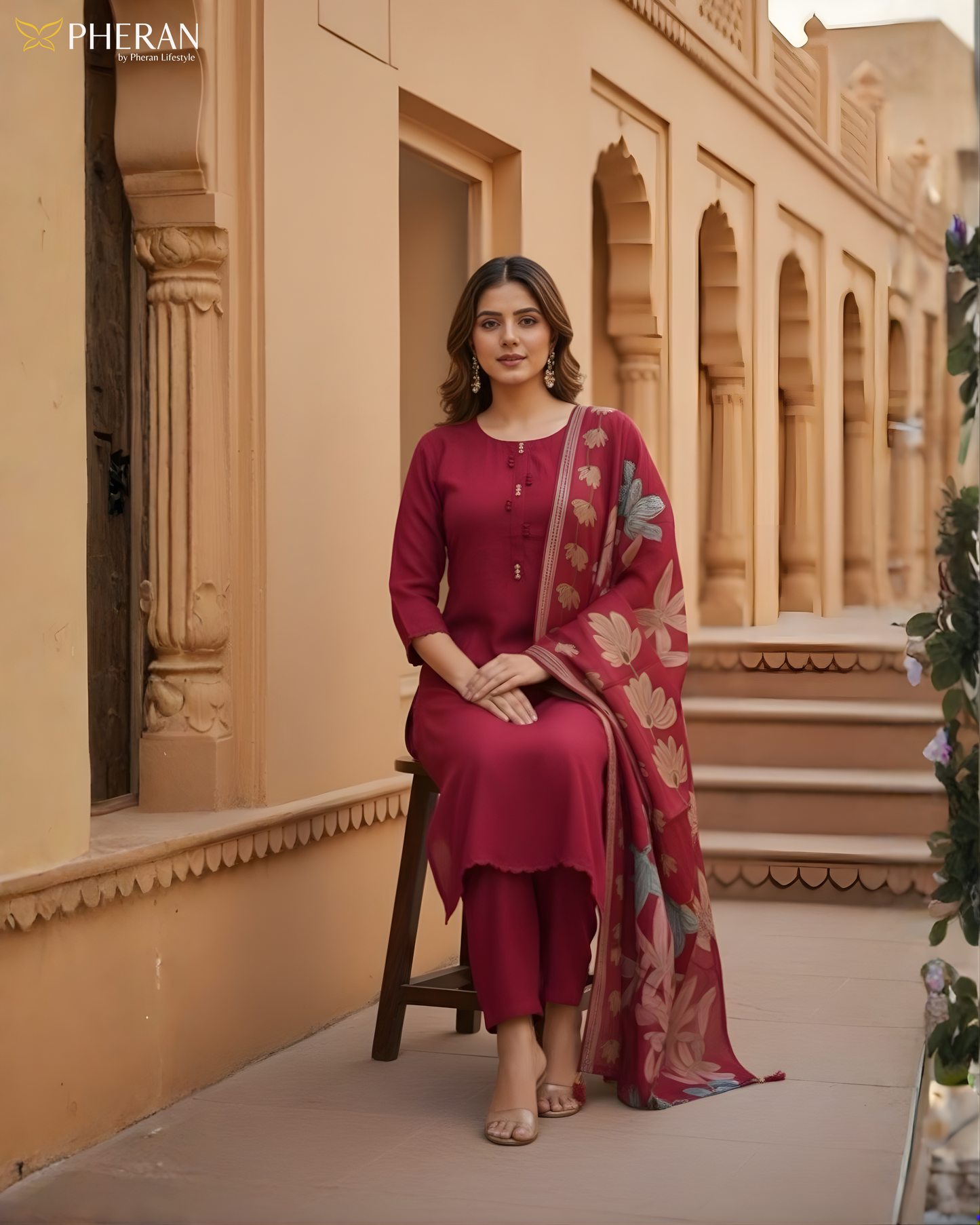 Pheran Women's Ruby Red Modal Suit Set with Floral Print Dupatta  AM75