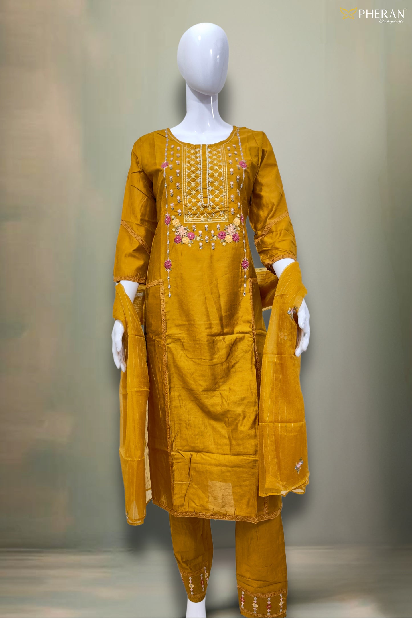 Pheran Mustard Yellow Floral Embroidered Kurta Set with Dupatta (SV-KL74-YL)