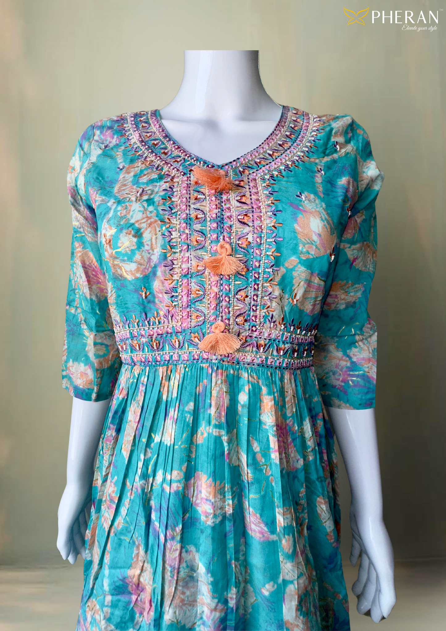Pheran Premium Women's  Teal Floral Anarkali Suit (M4-1236-SB-AK)