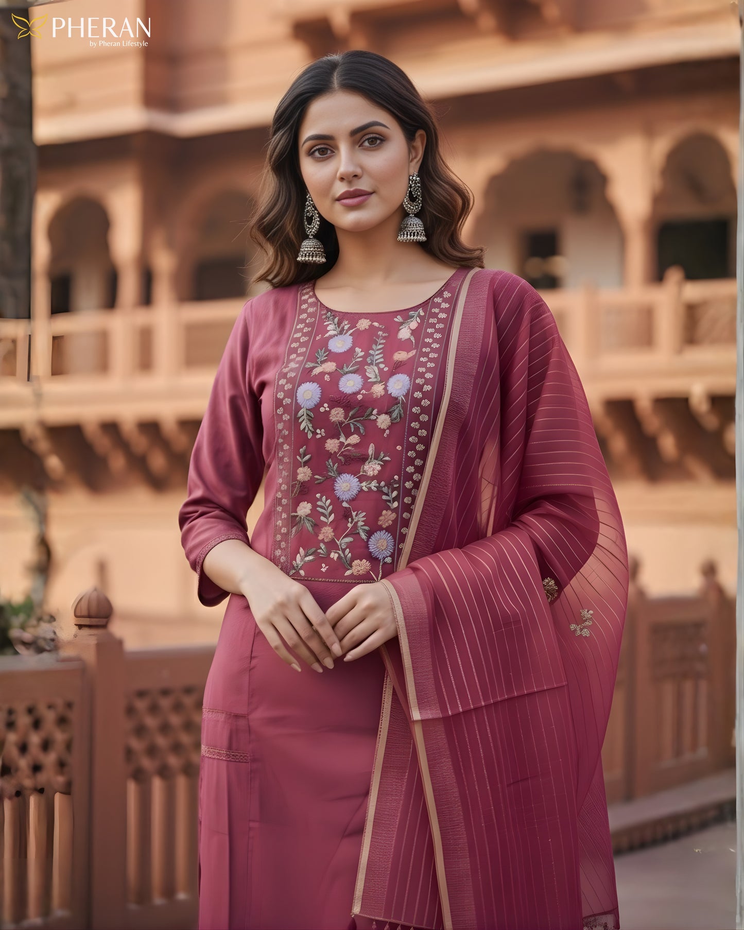 Pheran Deep Maroon Floral Embroidered Kurta Set with Dupatta (SV-KL72-MN)