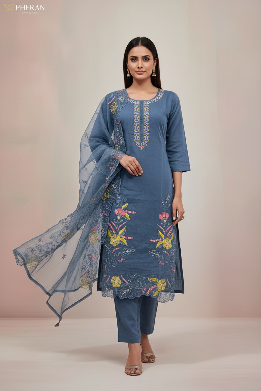 Pheran Slate Grey Embroidered Kurta Set with Organza Dupatta (A2-8GR-95S)