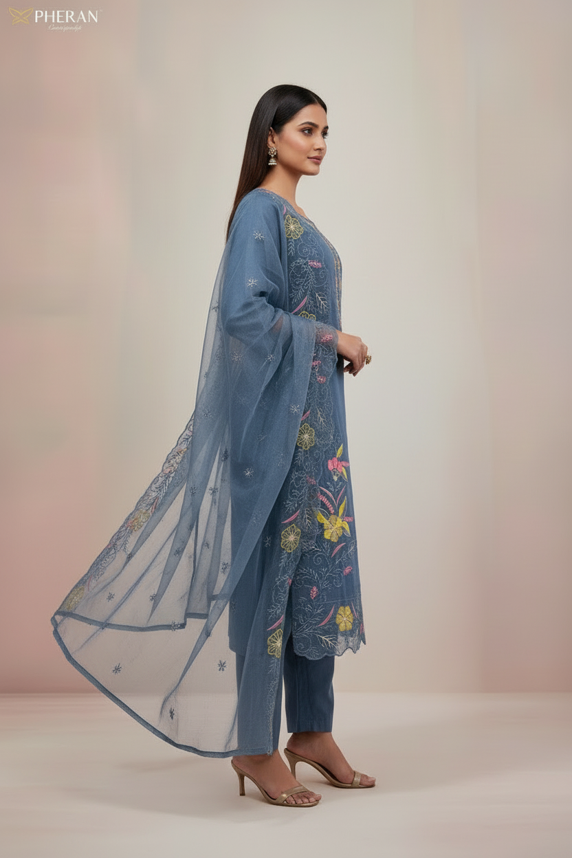 Pheran Slate Grey Embroidered Kurta Set with Organza Dupatta (A2-8GR-95S)