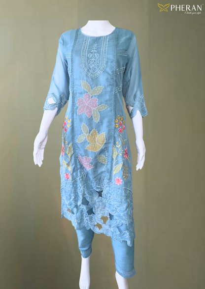 Embroidered Sky Blue Floral Suit (BO-1848-SB)
