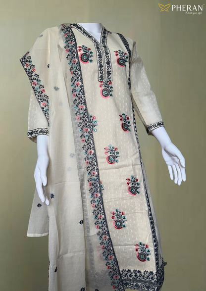 Pheran Ivory Cotton Floral Embroidered Kurta Set with Dupatta (BO-KR-CR)