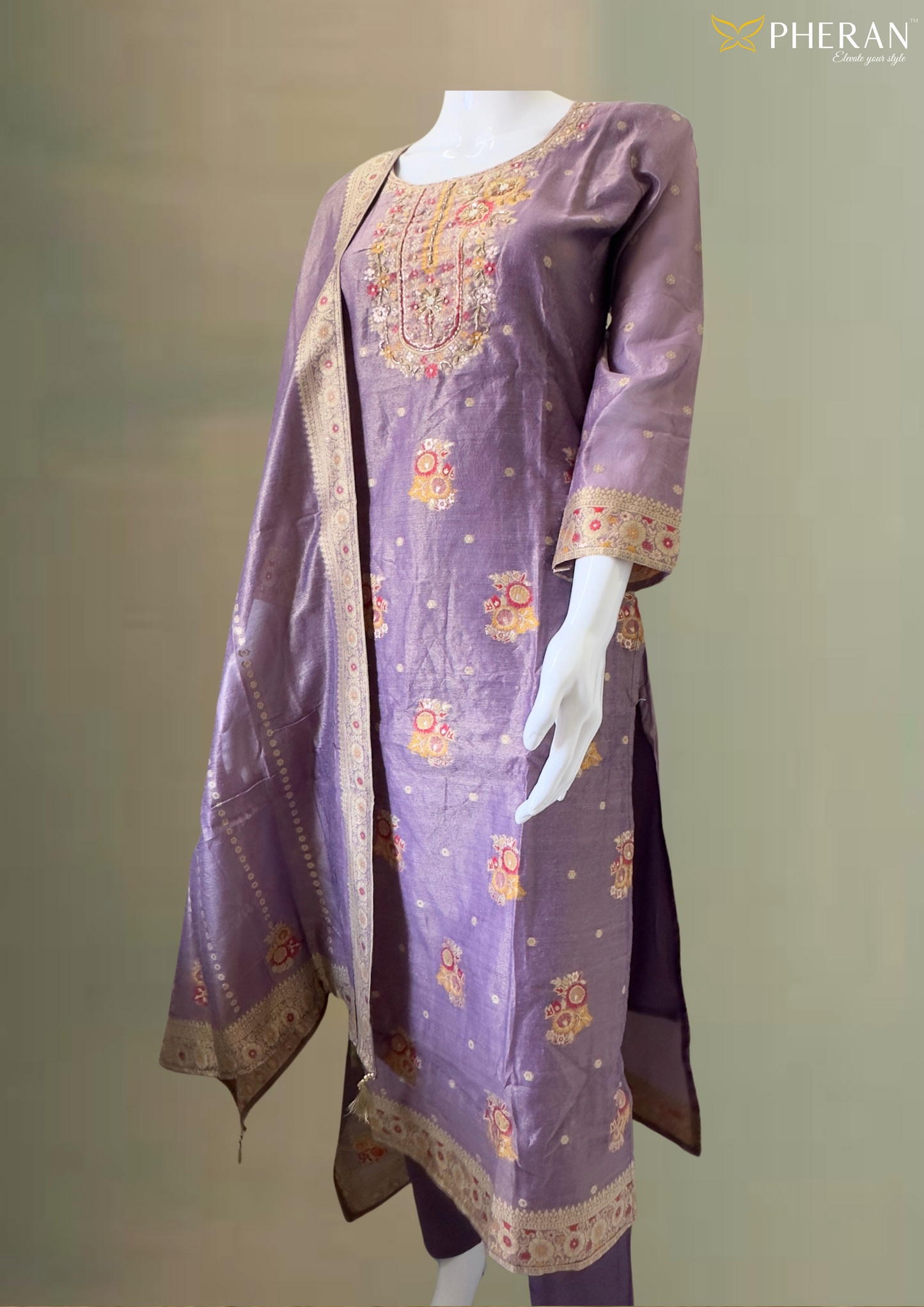 Pheran Exquisite Purple Embroidered Set (Kurta + Pant + Dupatta) BO-A1-0106