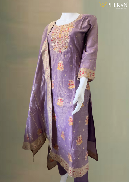 Pheran Exquisite Purple Embroidered Set (Kurta + Pant + Dupatta) BO-A1-0106