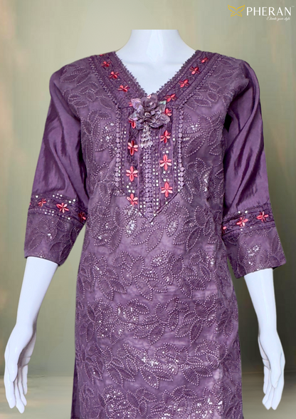Pheran Mauve Or Purple Embroidered  Kurta Set with Dupatta (A2-PRM-SU)