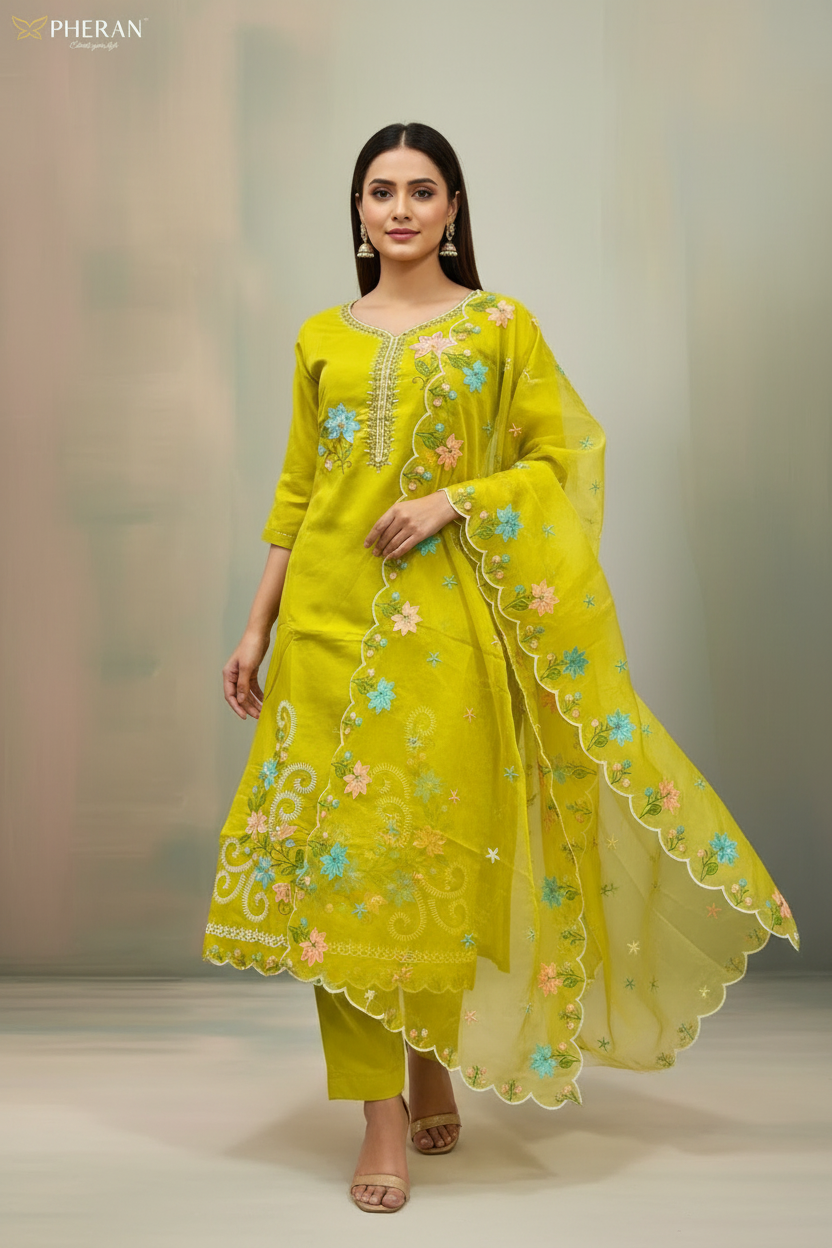 Pheran Women’s Lime Green Floral Embroidered Kurta Set with Dupatta (A2-2510-LG)