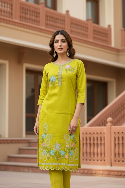Pheran Women’s Lime Green Floral Embroidered Kurta Set with Dupatta (A2-2510-LG)