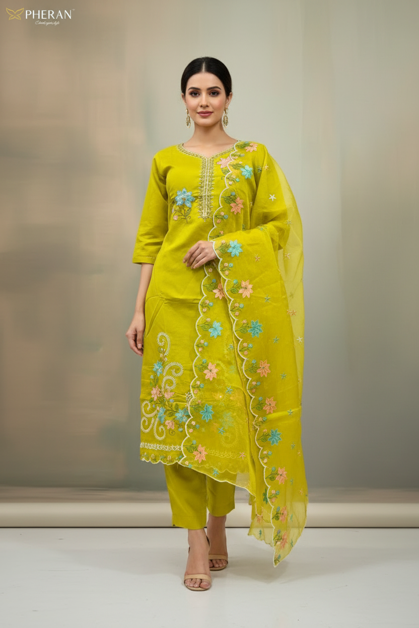 Pheran Women’s Lime Green Floral Embroidered Kurta Set with Dupatta (A2-2510-LG)