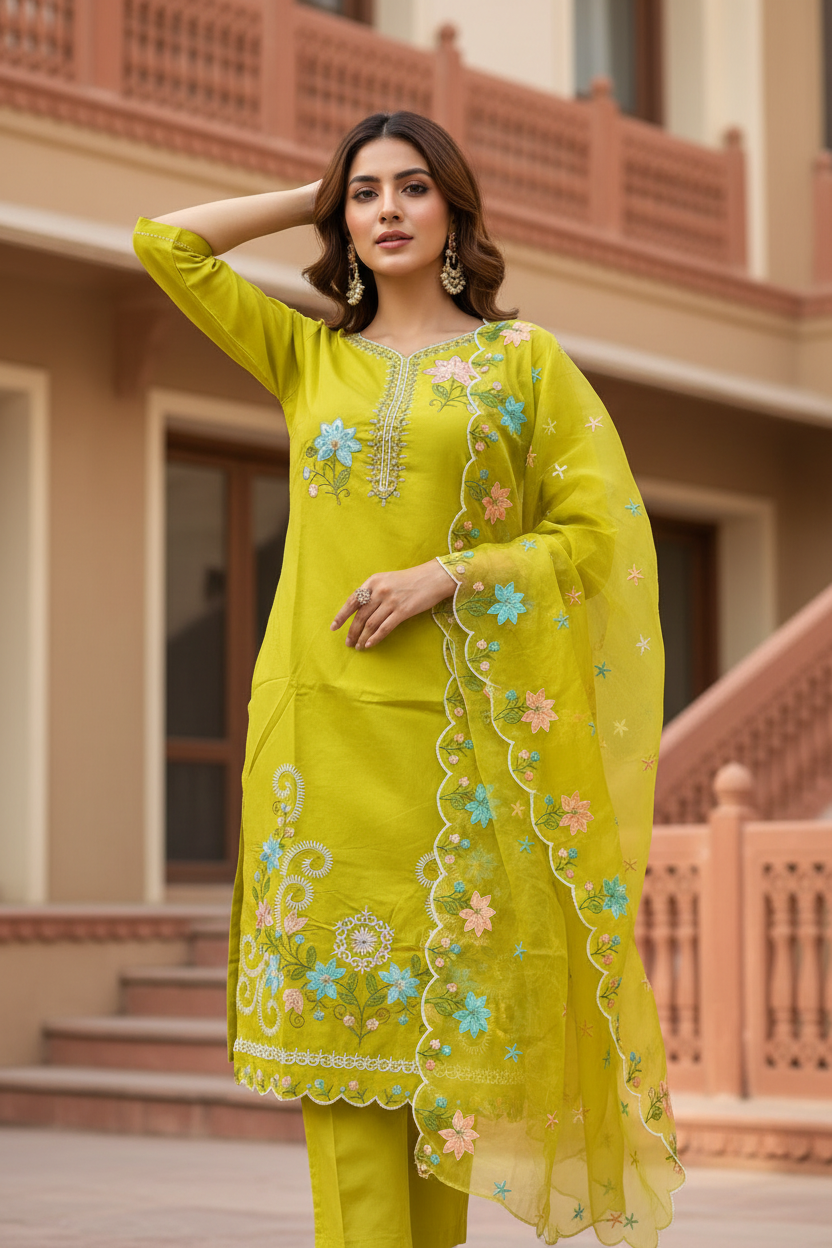 Pheran Women’s Lime Green Floral Embroidered Kurta Set with Dupatta (A2-2510-LG)