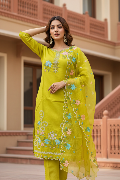 Pheran Women’s Lime Green Floral Embroidered Kurta Set with Dupatta (A2-2510-LG)