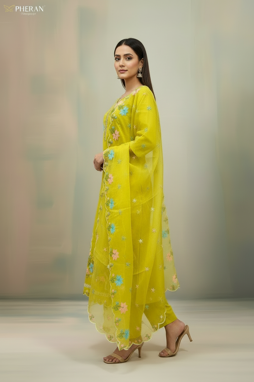 Pheran Women’s Lime Green Floral Embroidered Kurta Set with Dupatta (A2-2510-LG)