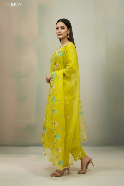 Pheran Women’s Lime Green Floral Embroidered Kurta Set with Dupatta (A2-2510-LG)