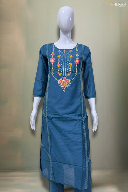 Pheran Deep Blue Embroidered Kurta Set with Dupatta (SV-KL76-BU)