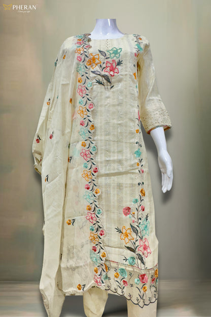 Pheran Women’s Ivory Floral Embroidered Kurta Set with Dupatta