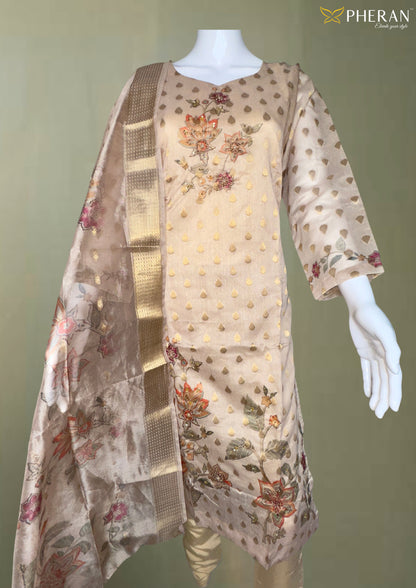 Pheran Beige Floral Embroidered Kurta Set with Printed Dupatta  (A2-BE-SU)
