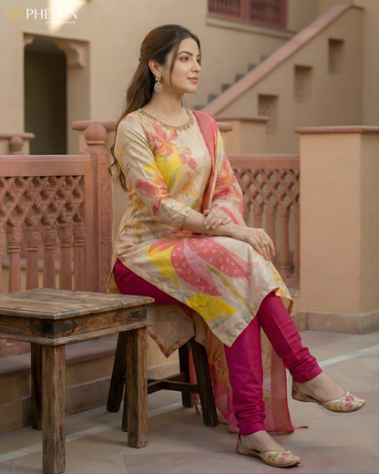 Pheran Multicolor Floral Silk Kurta Set with Dupatta (BO-3313-PK)
