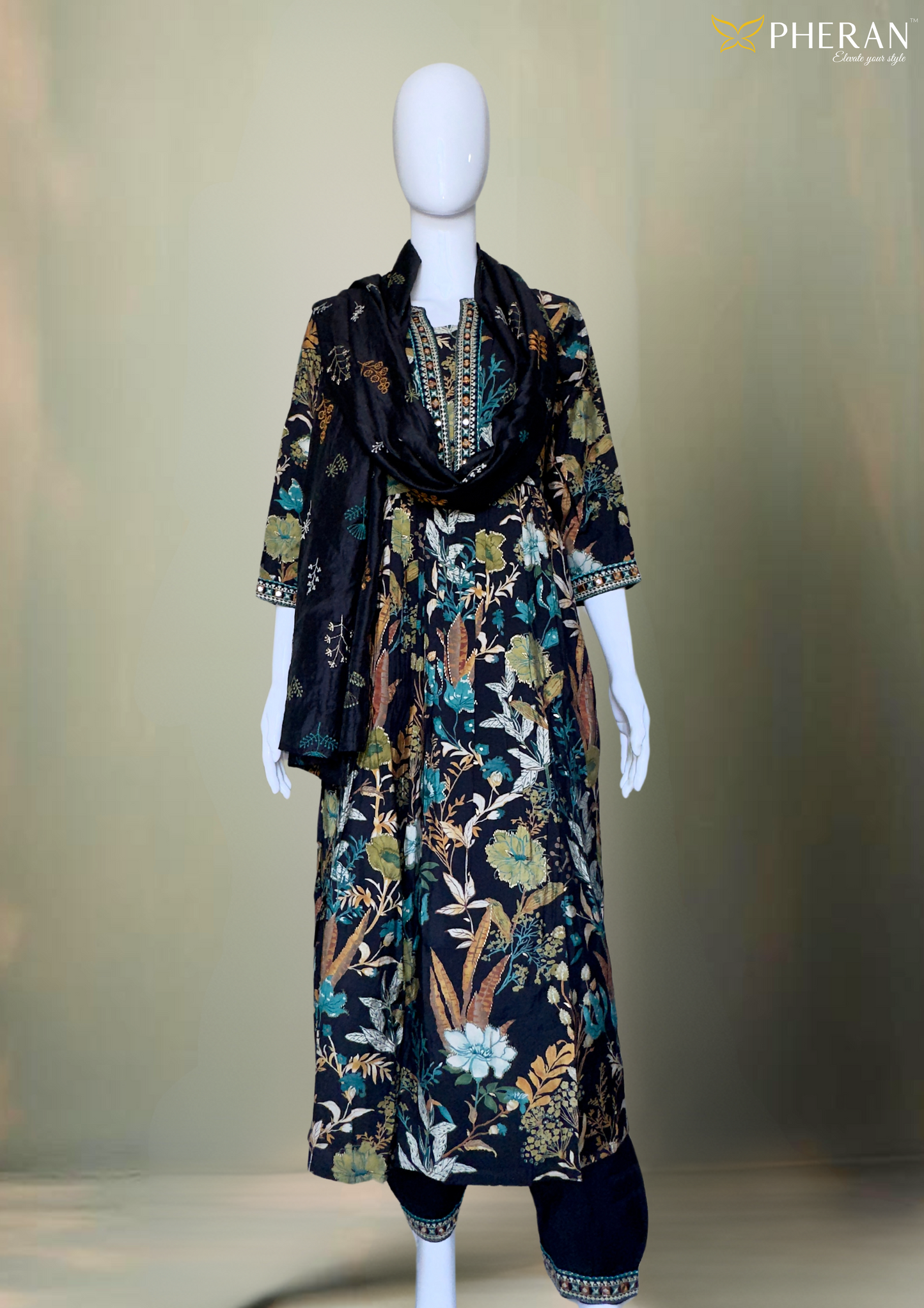 Pheran Black Floral Women's  Anarkali Kurta Set with Dupatta (M4-1973-BL-AK)