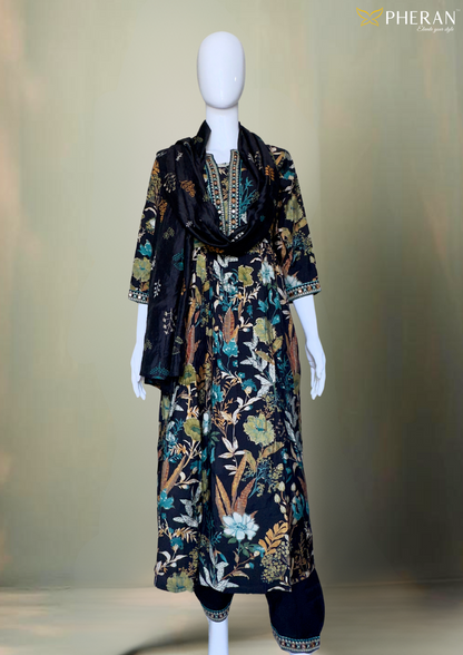 Pheran Black Floral Women's  Anarkali Kurta Set with Dupatta (M4-1973-BL-AK)