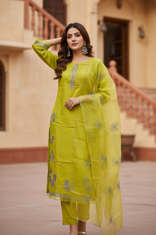 Pheran Women’s Lime Green Floral Embroidered Kurta Set with Dupatta (A2-9YE-95S)