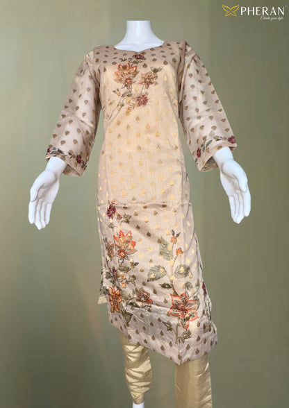 Pheran Beige Floral Embroidered Kurta Set with Printed Dupatta  (A2-BE-SU)