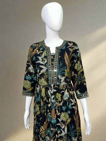 Pheran Black Floral Women's  Anarkali Kurta Set with Dupatta (M4-1973-BL-AK)